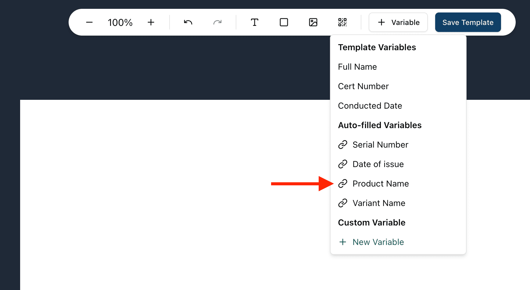 click add product name variable element