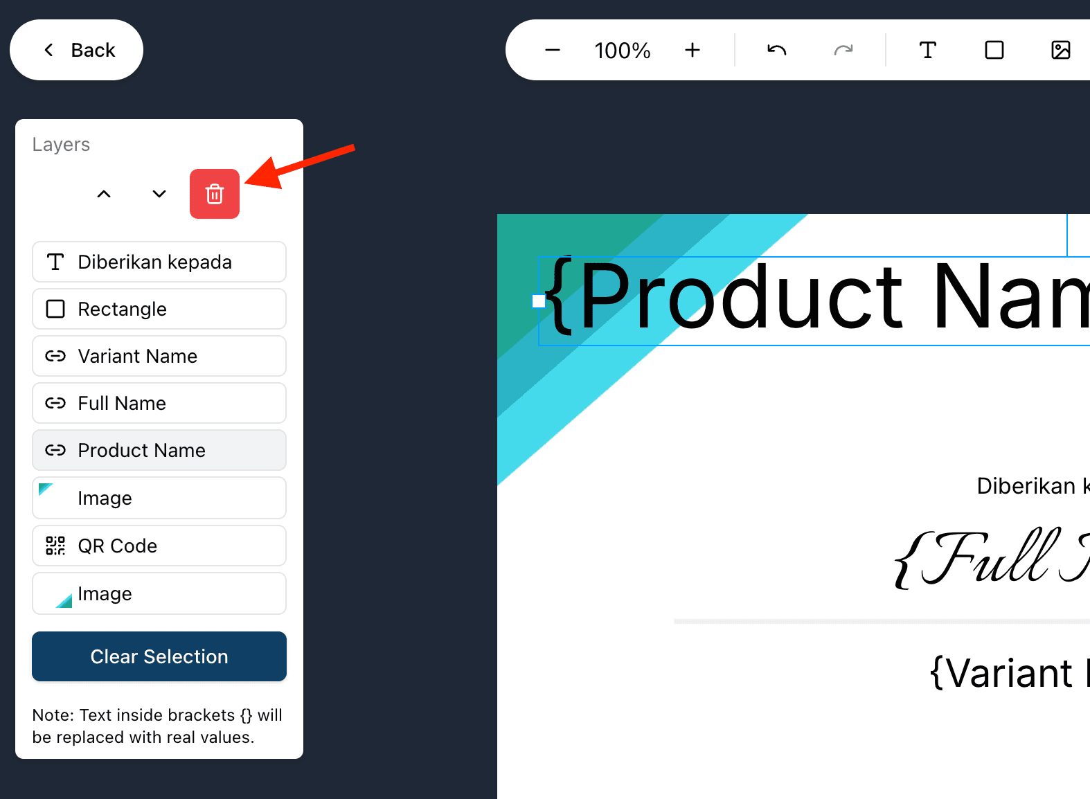 click delete element